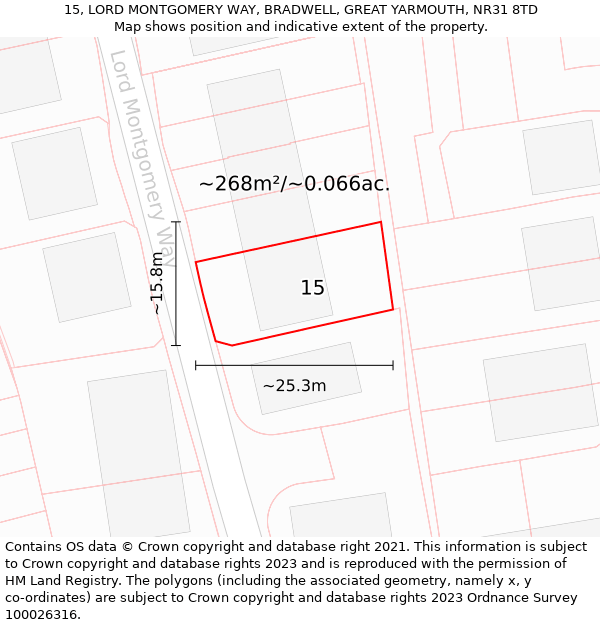 15, LORD MONTGOMERY WAY, BRADWELL, GREAT YARMOUTH, NR31 8TD: Plot and title map