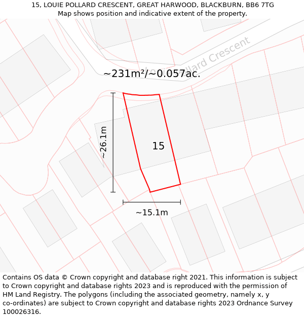 15, LOUIE POLLARD CRESCENT, GREAT HARWOOD, BLACKBURN, BB6 7TG: Plot and title map