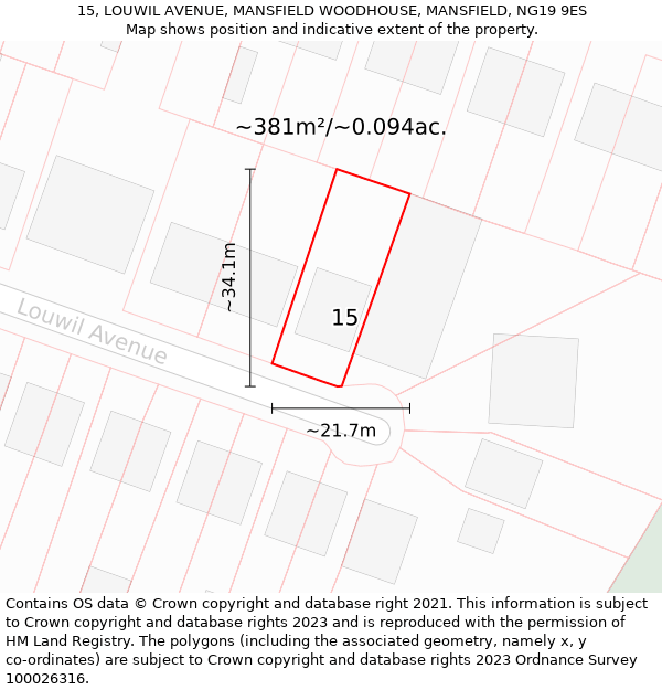 15, LOUWIL AVENUE, MANSFIELD WOODHOUSE, MANSFIELD, NG19 9ES: Plot and title map