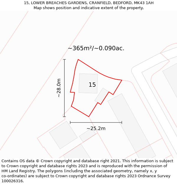 15, LOWER BREACHES GARDENS, CRANFIELD, BEDFORD, MK43 1AH: Plot and title map