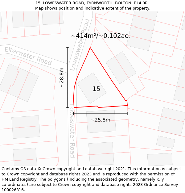 15, LOWESWATER ROAD, FARNWORTH, BOLTON, BL4 0PL: Plot and title map