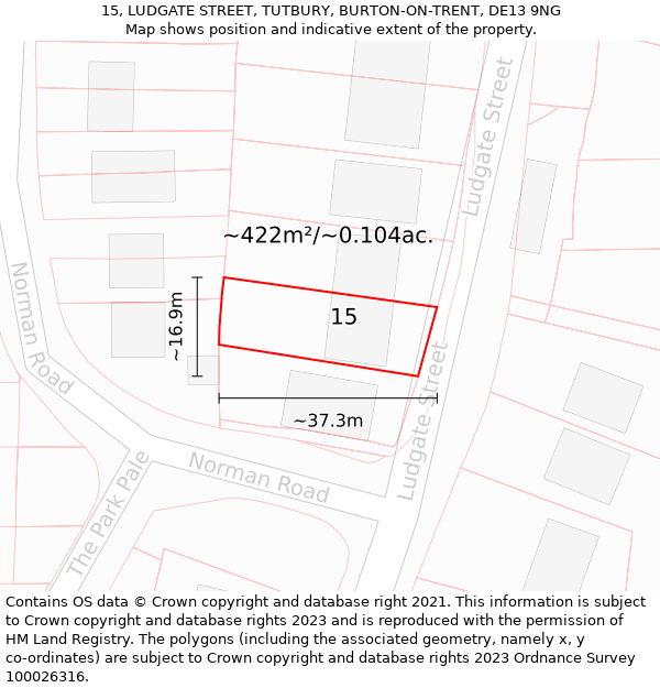 15, LUDGATE STREET, TUTBURY, BURTON-ON-TRENT, DE13 9NG: Plot and title map