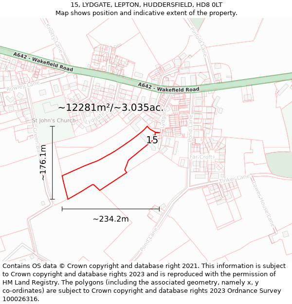 15, LYDGATE, LEPTON, HUDDERSFIELD, HD8 0LT: Plot and title map