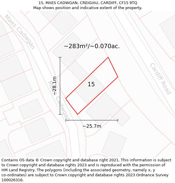 15, MAES CADWGAN, CREIGIAU, CARDIFF, CF15 9TQ: Plot and title map