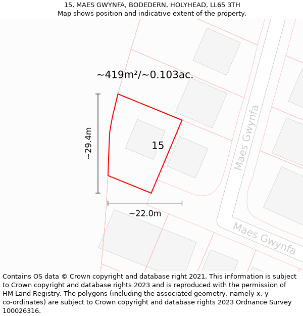 15, MAES GWYNFA, BODEDERN, HOLYHEAD, LL65 3TH: Plot and title map