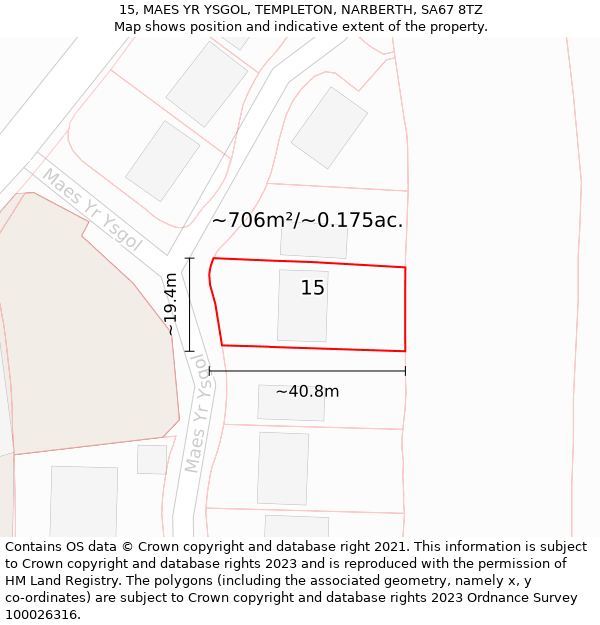 15, MAES YR YSGOL, TEMPLETON, NARBERTH, SA67 8TZ: Plot and title map