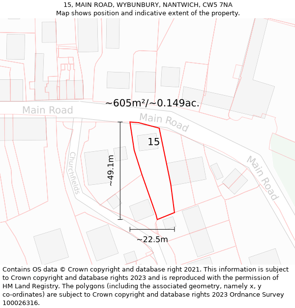 15, MAIN ROAD, WYBUNBURY, NANTWICH, CW5 7NA: Plot and title map