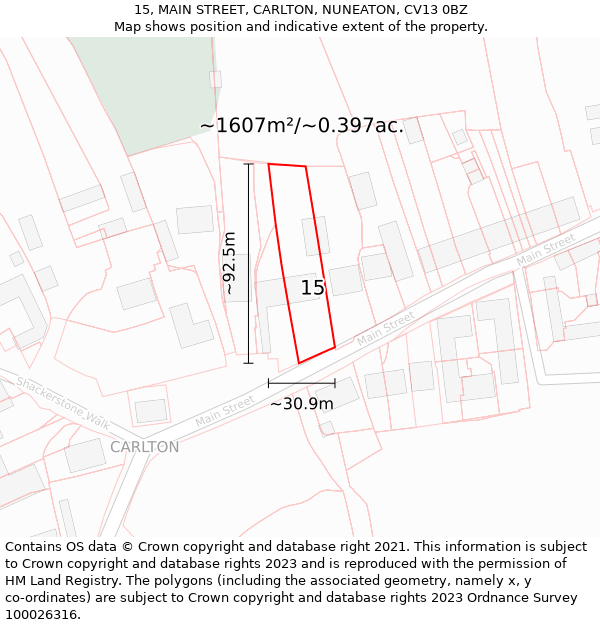 15, MAIN STREET, CARLTON, NUNEATON, CV13 0BZ: Plot and title map