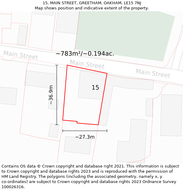 15, MAIN STREET, GREETHAM, OAKHAM, LE15 7NJ: Plot and title map