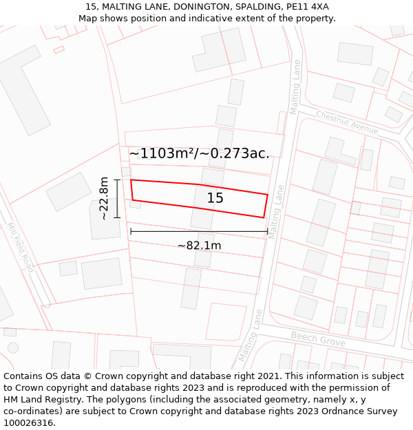 15, MALTING LANE, DONINGTON, SPALDING, PE11 4XA: Plot and title map