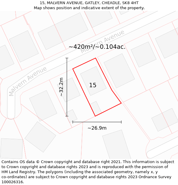 15, MALVERN AVENUE, GATLEY, CHEADLE, SK8 4HT: Plot and title map