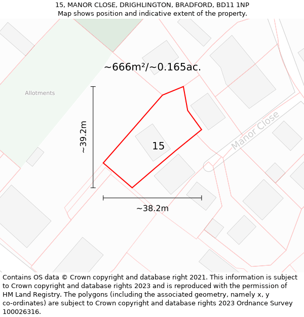 15, MANOR CLOSE, DRIGHLINGTON, BRADFORD, BD11 1NP: Plot and title map