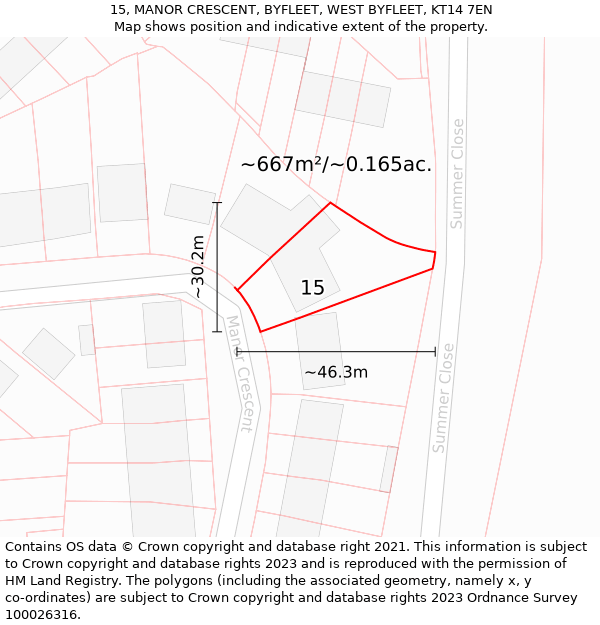 15, MANOR CRESCENT, BYFLEET, WEST BYFLEET, KT14 7EN: Plot and title map