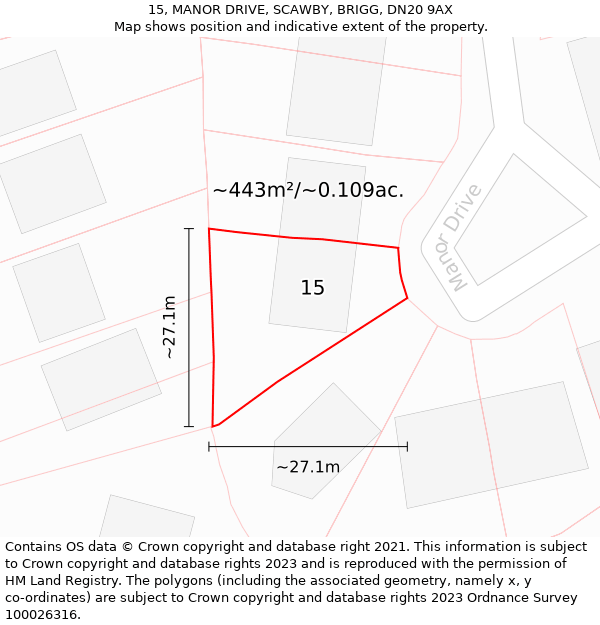 15, MANOR DRIVE, SCAWBY, BRIGG, DN20 9AX: Plot and title map