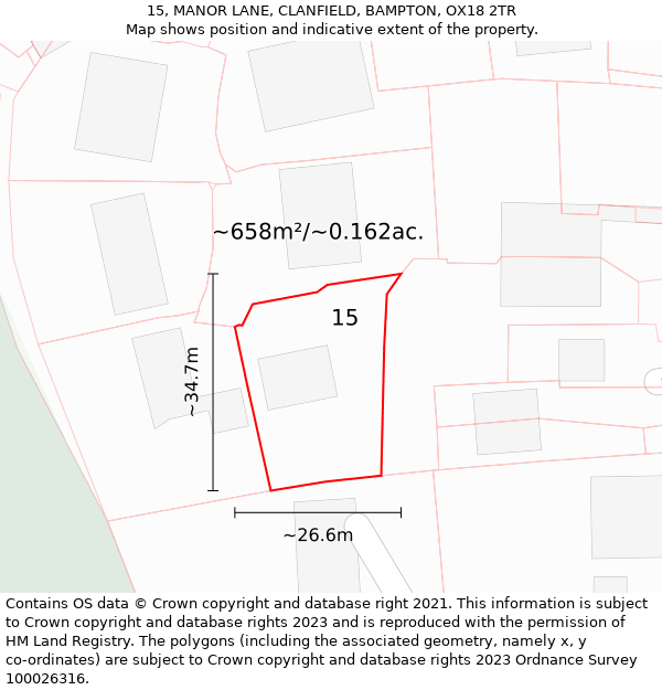 15, MANOR LANE, CLANFIELD, BAMPTON, OX18 2TR: Plot and title map