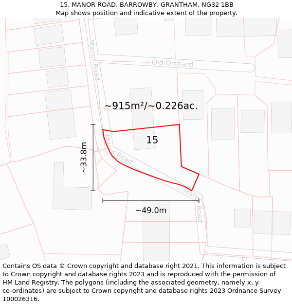 15, MANOR ROAD, BARROWBY, GRANTHAM, NG32 1BB: Plot and title map