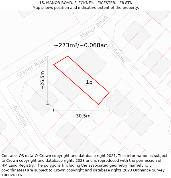 15, MANOR ROAD, FLECKNEY, LEICESTER, LE8 8TN: Plot and title map