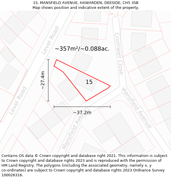 15, MANSFIELD AVENUE, HAWARDEN, DEESIDE, CH5 3SB: Plot and title map