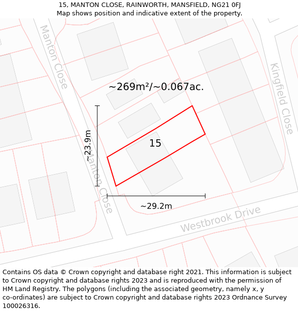 15, MANTON CLOSE, RAINWORTH, MANSFIELD, NG21 0FJ: Plot and title map