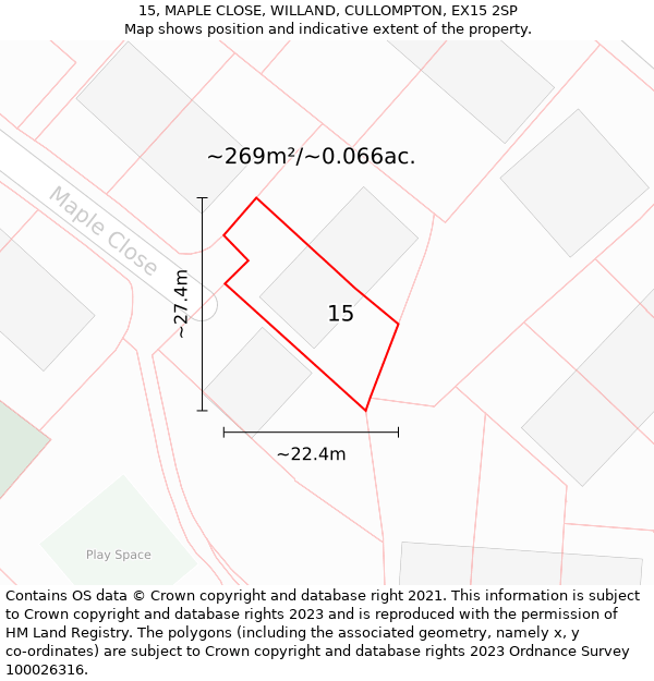 15, MAPLE CLOSE, WILLAND, CULLOMPTON, EX15 2SP: Plot and title map