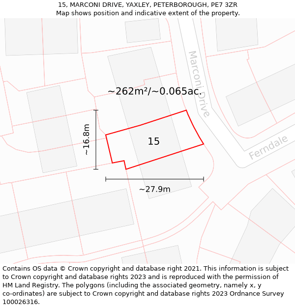 15, MARCONI DRIVE, YAXLEY, PETERBOROUGH, PE7 3ZR: Plot and title map