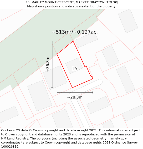 15, MARLEY MOUNT CRESCENT, MARKET DRAYTON, TF9 3PJ: Plot and title map