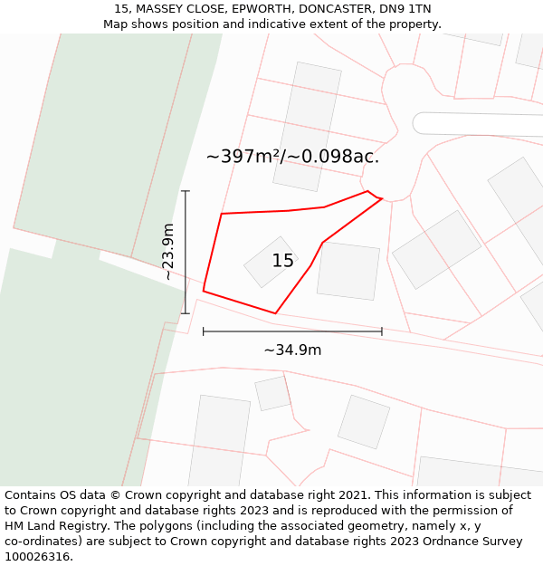 15, MASSEY CLOSE, EPWORTH, DONCASTER, DN9 1TN: Plot and title map