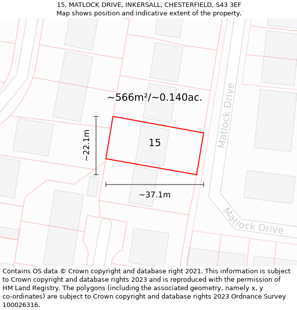 15, MATLOCK DRIVE, INKERSALL, CHESTERFIELD, S43 3EF: Plot and title map