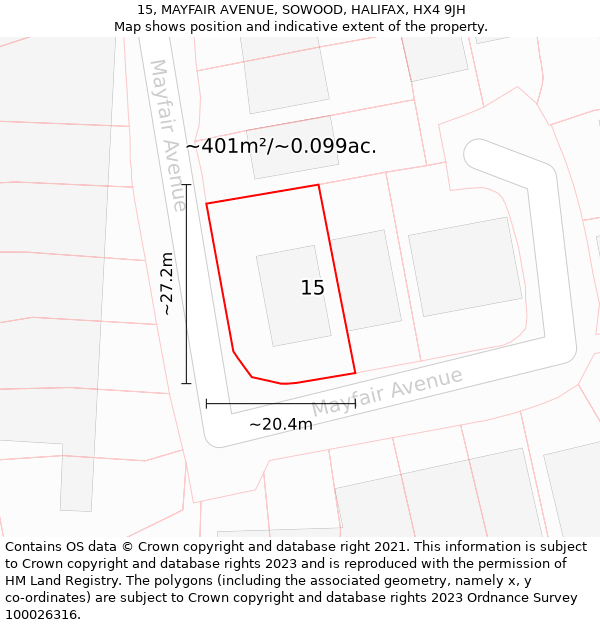 15, MAYFAIR AVENUE, SOWOOD, HALIFAX, HX4 9JH: Plot and title map