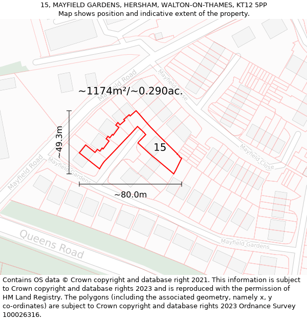 15, MAYFIELD GARDENS, HERSHAM, WALTON-ON-THAMES, KT12 5PP: Plot and title map