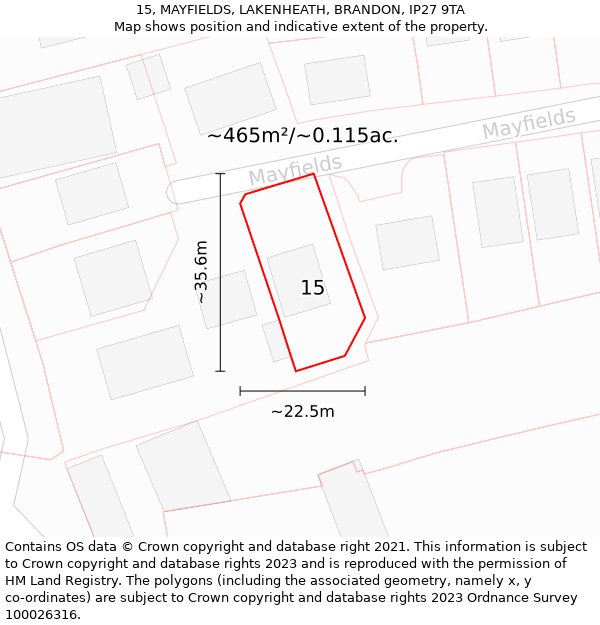 15, MAYFIELDS, LAKENHEATH, BRANDON, IP27 9TA: Plot and title map