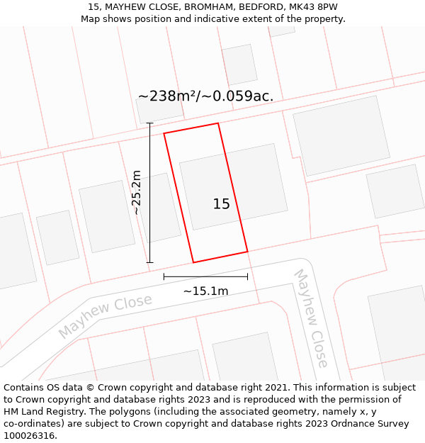 15, MAYHEW CLOSE, BROMHAM, BEDFORD, MK43 8PW: Plot and title map