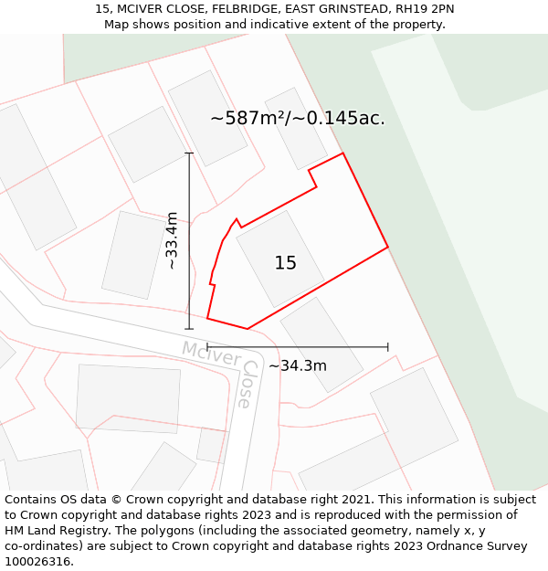 15, MCIVER CLOSE, FELBRIDGE, EAST GRINSTEAD, RH19 2PN: Plot and title map