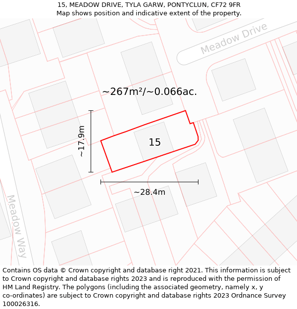 15, MEADOW DRIVE, TYLA GARW, PONTYCLUN, CF72 9FR: Plot and title map