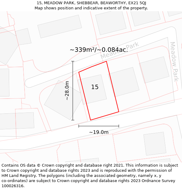 15, MEADOW PARK, SHEBBEAR, BEAWORTHY, EX21 5QJ: Plot and title map