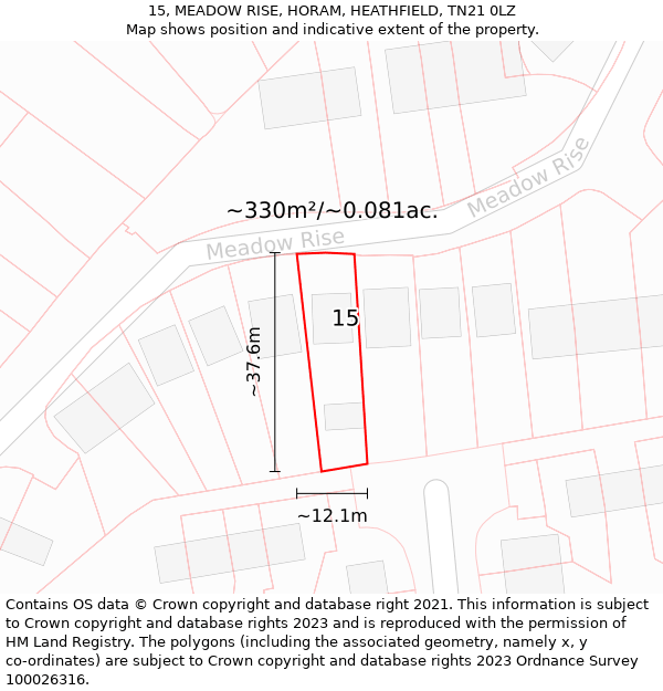 15, MEADOW RISE, HORAM, HEATHFIELD, TN21 0LZ: Plot and title map