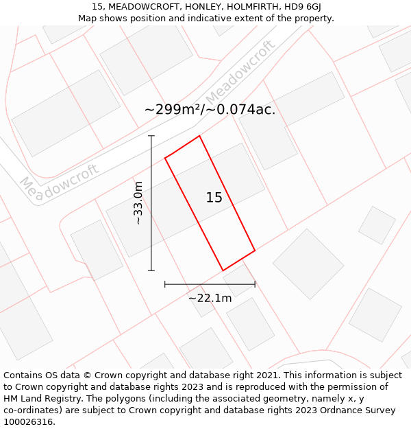 15, MEADOWCROFT, HONLEY, HOLMFIRTH, HD9 6GJ: Plot and title map