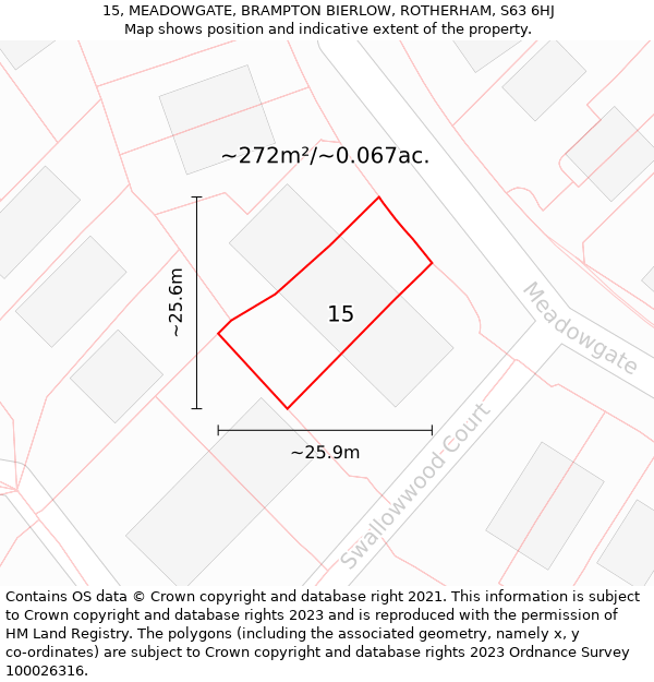 15, MEADOWGATE, BRAMPTON BIERLOW, ROTHERHAM, S63 6HJ: Plot and title map