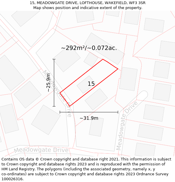 15, MEADOWGATE DRIVE, LOFTHOUSE, WAKEFIELD, WF3 3SR: Plot and title map