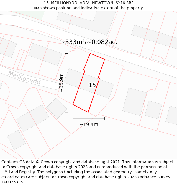 15, MEILLIONYDD, ADFA, NEWTOWN, SY16 3BF: Plot and title map