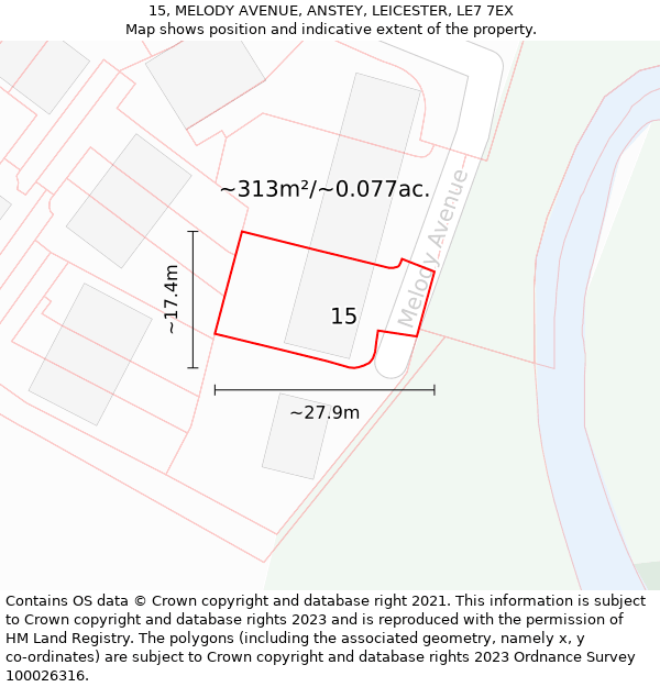 15, MELODY AVENUE, ANSTEY, LEICESTER, LE7 7EX: Plot and title map