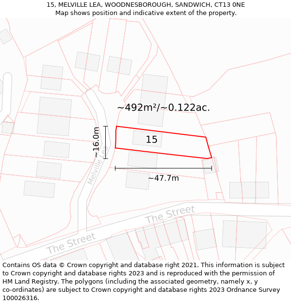 15, MELVILLE LEA, WOODNESBOROUGH, SANDWICH, CT13 0NE: Plot and title map