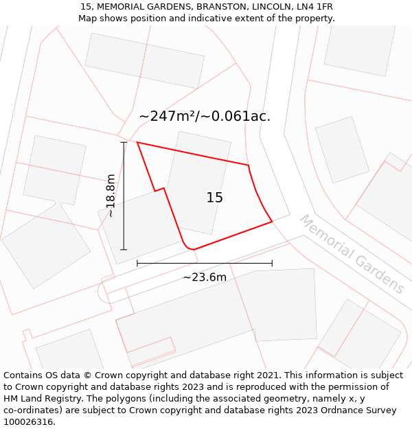 15, MEMORIAL GARDENS, BRANSTON, LINCOLN, LN4 1FR: Plot and title map