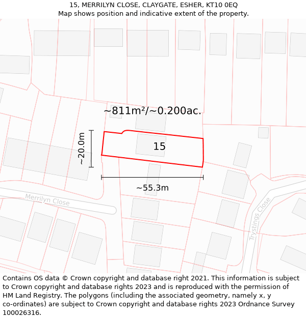 15, MERRILYN CLOSE, CLAYGATE, ESHER, KT10 0EQ: Plot and title map