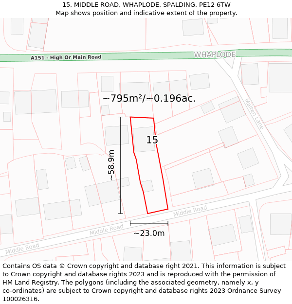 15, MIDDLE ROAD, WHAPLODE, SPALDING, PE12 6TW: Plot and title map