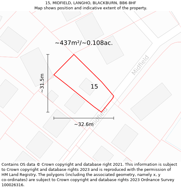 15, MIDFIELD, LANGHO, BLACKBURN, BB6 8HF: Plot and title map