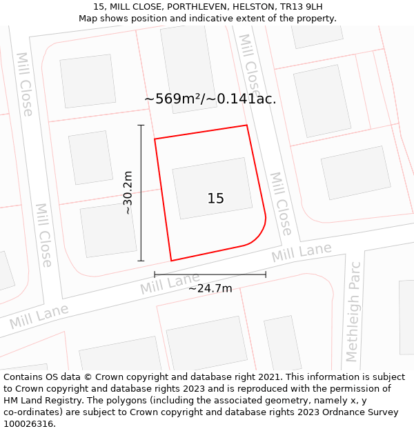 15, MILL CLOSE, PORTHLEVEN, HELSTON, TR13 9LH: Plot and title map