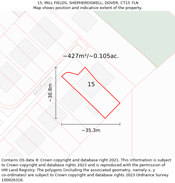 15, MILL FIELDS, SHEPHERDSWELL, DOVER, CT15 7LN: Plot and title map