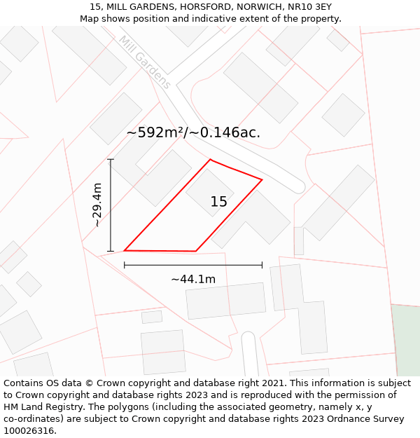 15, MILL GARDENS, HORSFORD, NORWICH, NR10 3EY: Plot and title map