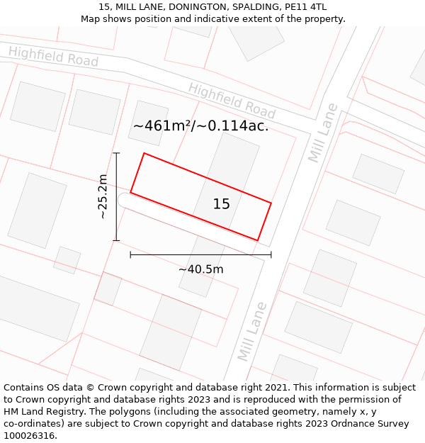 15, MILL LANE, DONINGTON, SPALDING, PE11 4TL: Plot and title map